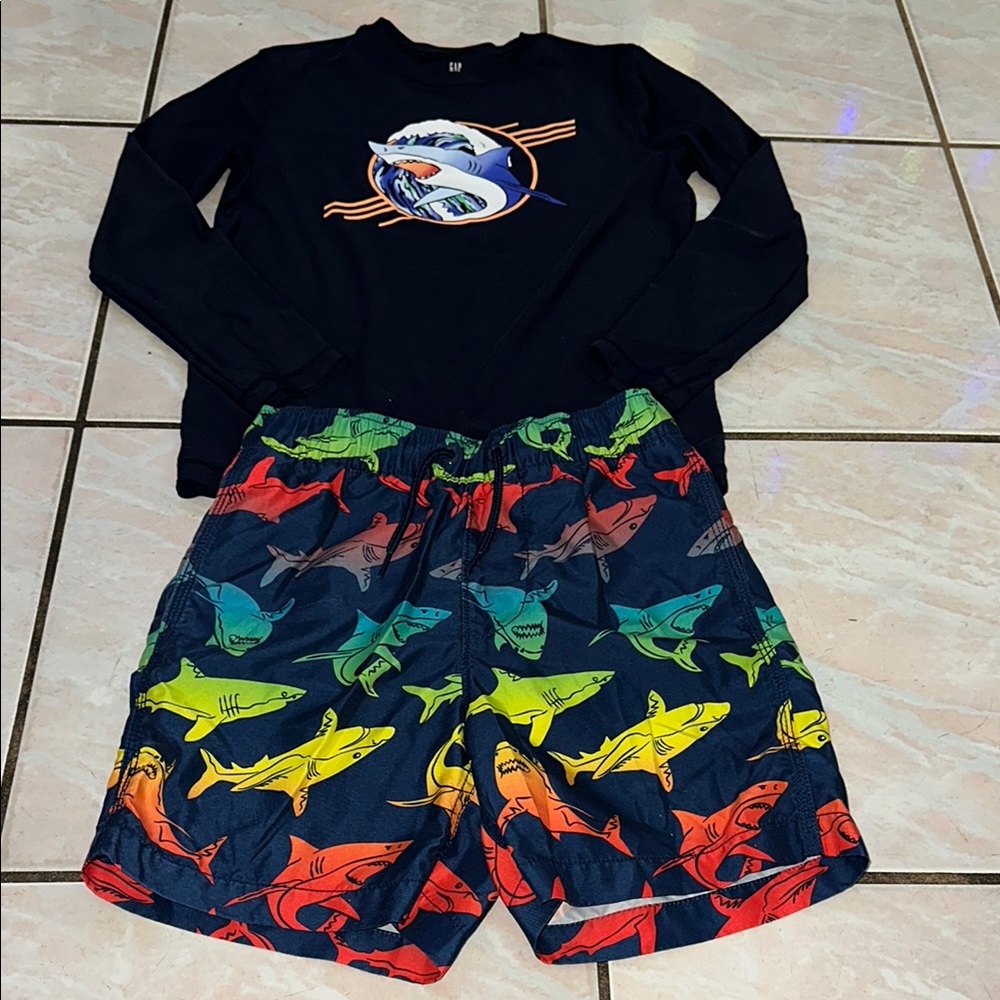 Gap Boys Black Rash Guard with Rainbow Shark Swim Trunks